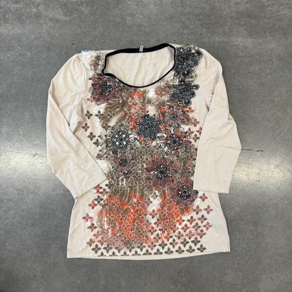 Vintage Y2K Amanda Green Embellished Floral Long Sleeve Beige Tunic Blouse M - Picture 1 of 5